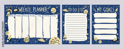 Weekly planner ans To Do List with space theme in cartoon style. Kids schedule design template