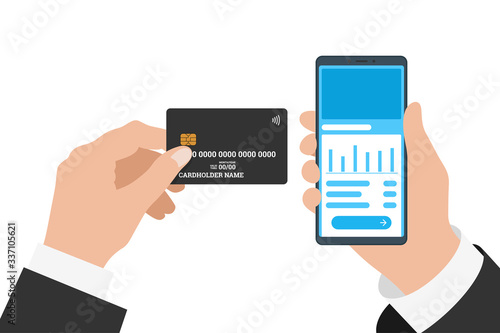 Businessman hand holding smartphone with online banking mobile app and black credit card. Buy payment process and bank account balance flat vector illustration