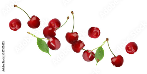 Set of falling ripe cherries on white background. Banner design