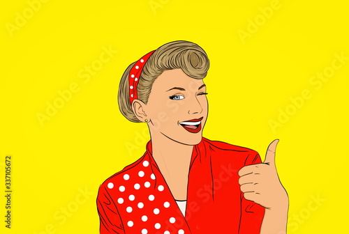 Illustration young woman pretty pinup girl red button shirt with white polka dots giving thumbs up sign gesture looking at you camera isolated yellow background retro vintage 50's style.