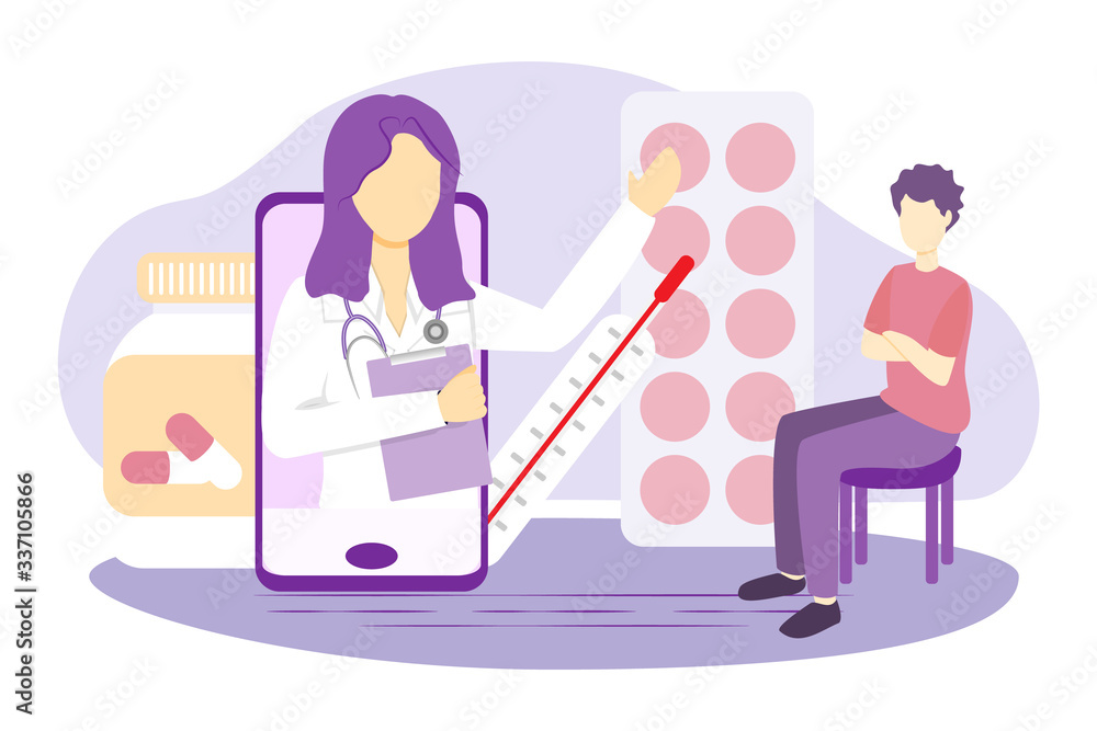 Online doctor vector illustration. Flat tiny medical help persons concept. Distance internet emergency support. Professional diagnosis and treatment service. Patient illness communication technology.