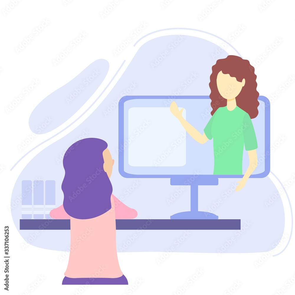 Obraz premium Online courses vector illustration. Flat person learn virtual concept. Modern knowledge development using internet training, teaching. Webinar and distance lesson service. Web presentation video.
