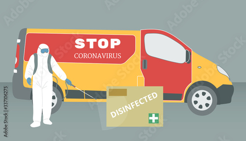 Prevention of coronavirus, covid-19. Stop the coronavirus. A man in a protective suit disinfects a box of goods. The safety of the Delivery during the quarantine.