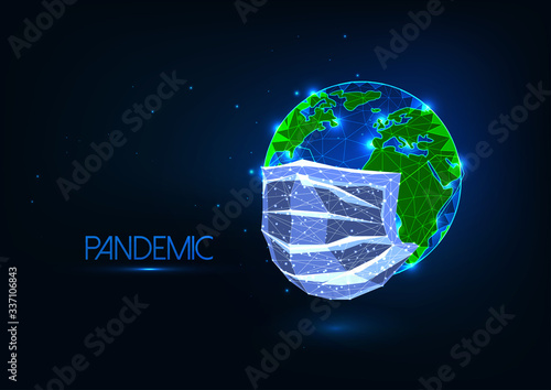 Futuristic covid-19 coronavirus Pandemic global concept with glow low poly medical mask covers earth