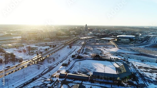 Downtown city in Nebraska during winter, aerial