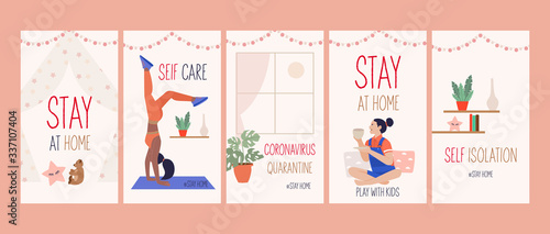 Coronavirus. Stay at home. Collection of wallpaper for social media stories, cards, flyers, posters, banners and other promotion. Stay home on quarantine time during the Coronavirus epidemic.