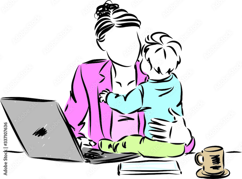 mom in front laptop working from home with baby vector illustration