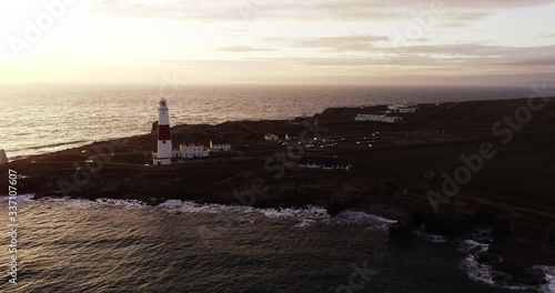 Sunset over Portland Bill Lighthouse, aerial