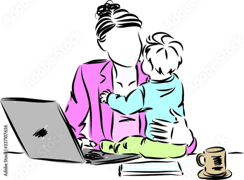 mom in front laptop working from home with baby vector illustration