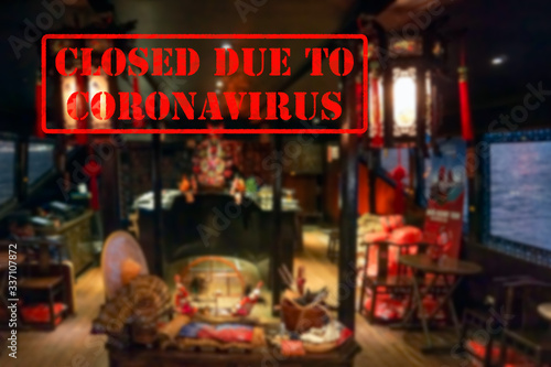 Defocused, view of interior of an upmarket cafeteria, empty and closed due to coronavirus