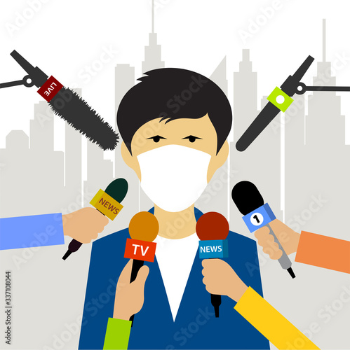 Reporters interview a man in a protective mask vector illustration