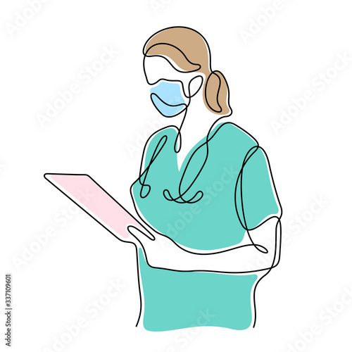 Doctor in uniform wearing protection medical mask with stethoscope. Female medical worker one line colored vector illustration.