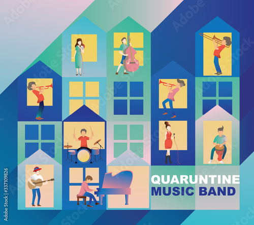 Social Distancing and Stay home concept. Musicians playing a musical instrument. Singing, People at home in quarantine and enjoy it. Fun home staying. Corona-virus self-isolation.Vector illustration