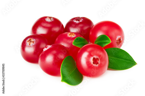 Cranberry with green leaves isolated on white background