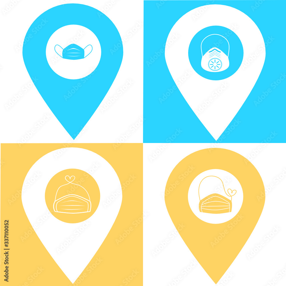 Set of safety N95 mask location map pin pointer icon. Element of map point for mobile concept and web apps. Icon for website design and app development. Premium surgery or pollution protect face mask Set of safety N95 mask location map pin pointer icon. Element of map point for mobile concept and web apps. Icon for website design and app development. Premium surgery or pollution protect face mask
