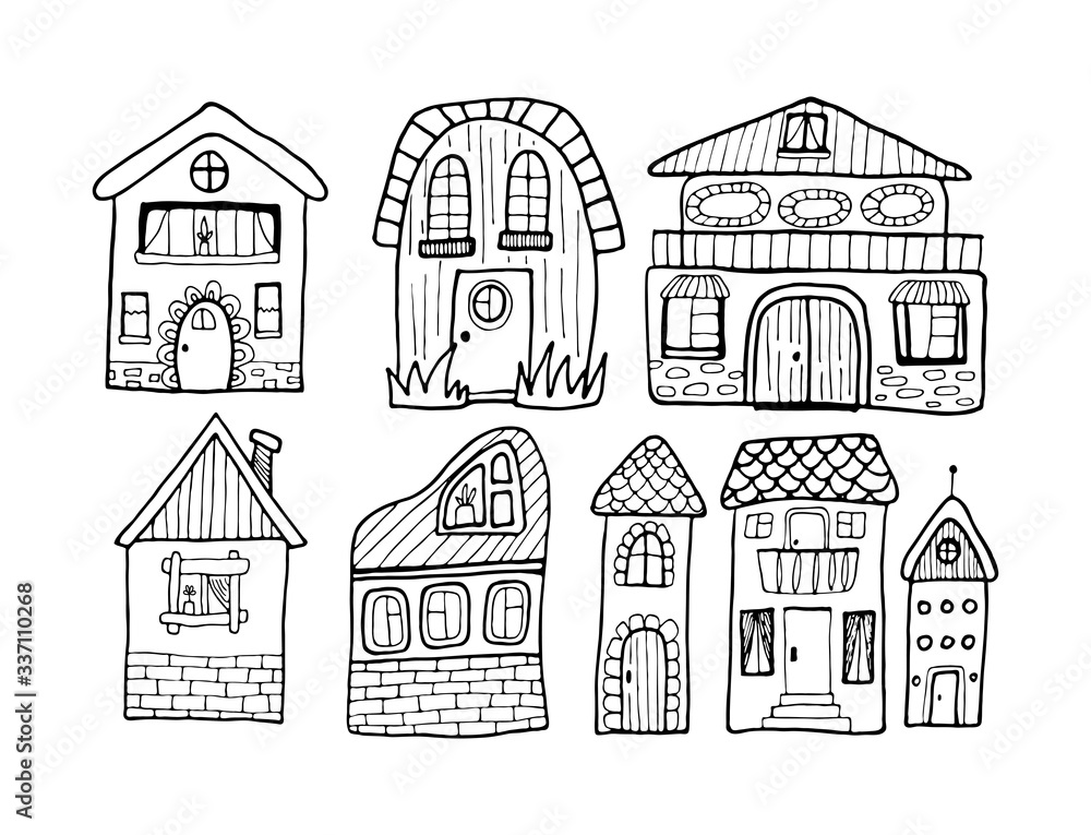 Hand drawn doodles cartoon houses set with cute door decor. Black and white bulding line art vector illustration.