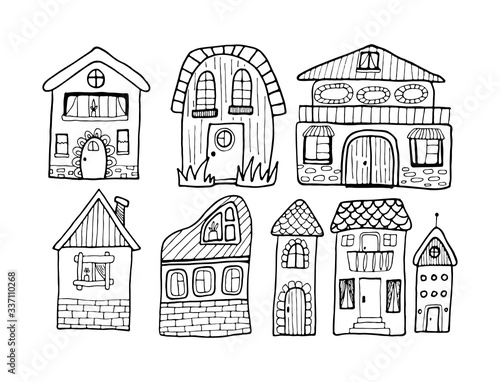 Hand drawn doodles cartoon houses set with cute door decor. Black and white bulding line art vector illustration.