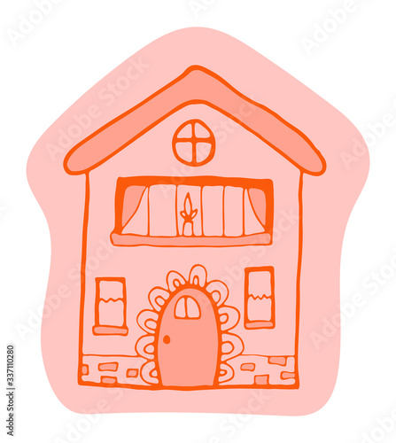 Hand drawn doodles cartoon house with cute door decor. Orange bulding vector illustration.