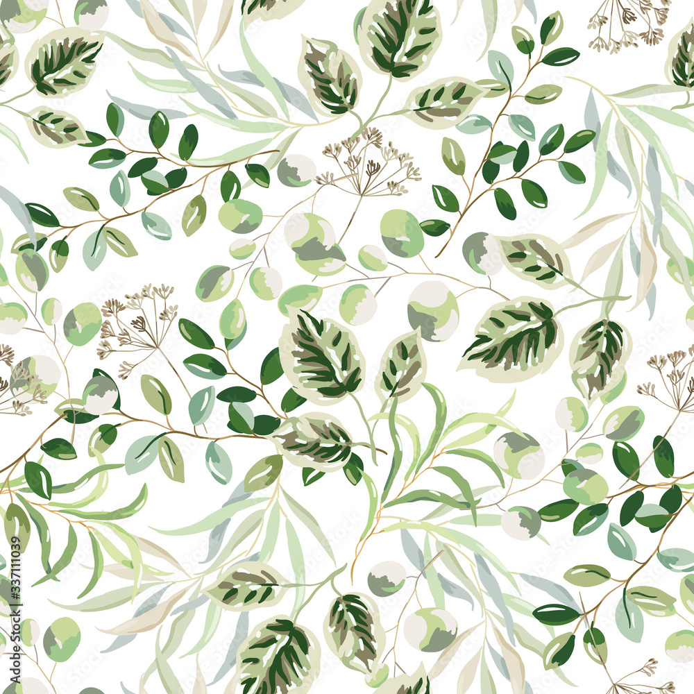 Forest green leaves, white background. Summer greenery. Vector seamless pattern. Floral design. Nature illustration. Botanical plants print