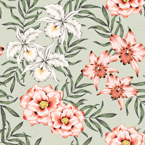 Tropical pink, rose, orchid flowers, palm leaves, green background. Vector seamless pattern. Jungle foliage illustration. Exotic plants. Summer beach floral design. Paradise nature