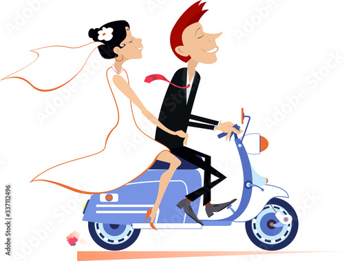 Heterosexual married wedding couple rides on the scooter illustration. Happy man and woman in the white dress and bridal goes marriage on the scooter isolated on white

