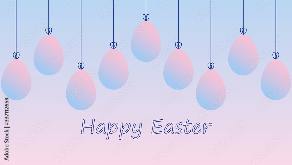 Easter greeting with hanging eggs. Pink and blue pastel gradient background.