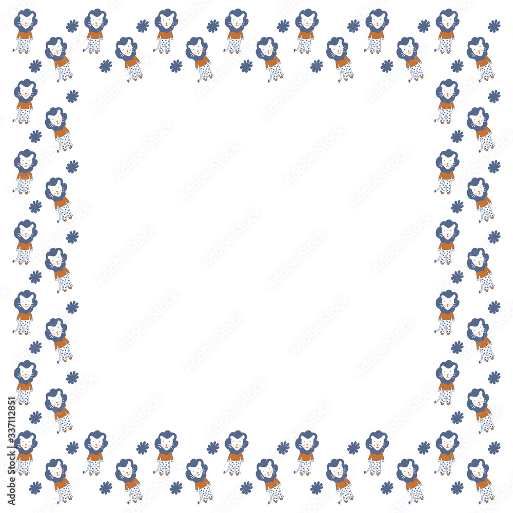 Cute isolated square frame of lion cubs in orange sweaters, white trousers with blue polka dots and hand drawn blots flowers in Scandinavian style on a white background. Place for text. Vector Cute isolated square frame of lion cubs in orange sweaters, white trousers with blue polka dots and hand drawn blots flowers in Scandinavian style on a white background. Place for text. Vector