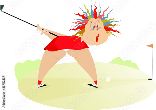 Funny golfer woman on the golf course illustration. Cartoon big bottom golfer woman tries to do a good kick isolated on white
