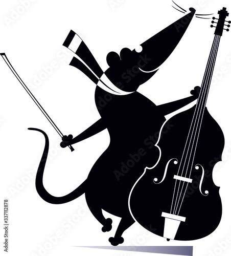 Cartoon rat or mouse a cellist illustration. Funny rat or mouse with cello and fiddlestick isolated on white
