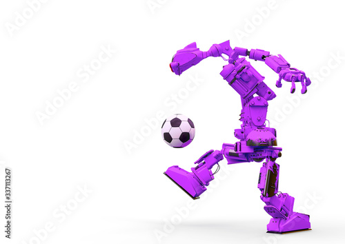 friendly robot is playing football in white background side view with copy space © DM7