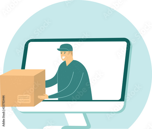 Online shopping and fast delivery concept. Instant shipping. Courier give cardboard box with food from computer monitor display. Cartoon flat vector illustration