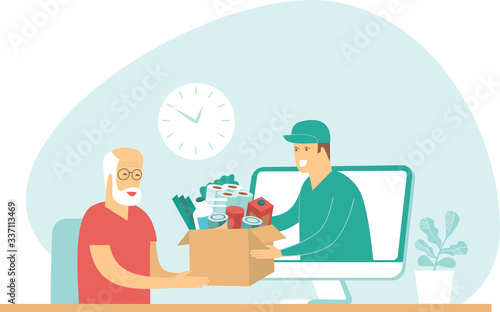 Online Grocery shopping and fast delivery for elderly people during COVID-19 quarantine. Instant shipping. Courier give cardboard box with food from computer monitor display to old senior man. 