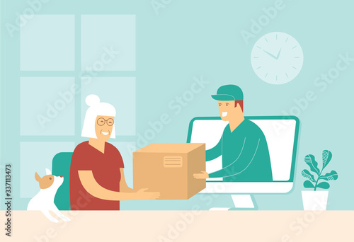 Online shopping and fast delivery concept. Instant shipping. Courier give cardboard box from computer monitor display to elderly senior woman. Cartoon flat vector for coronavirus COVID-19 outbreak