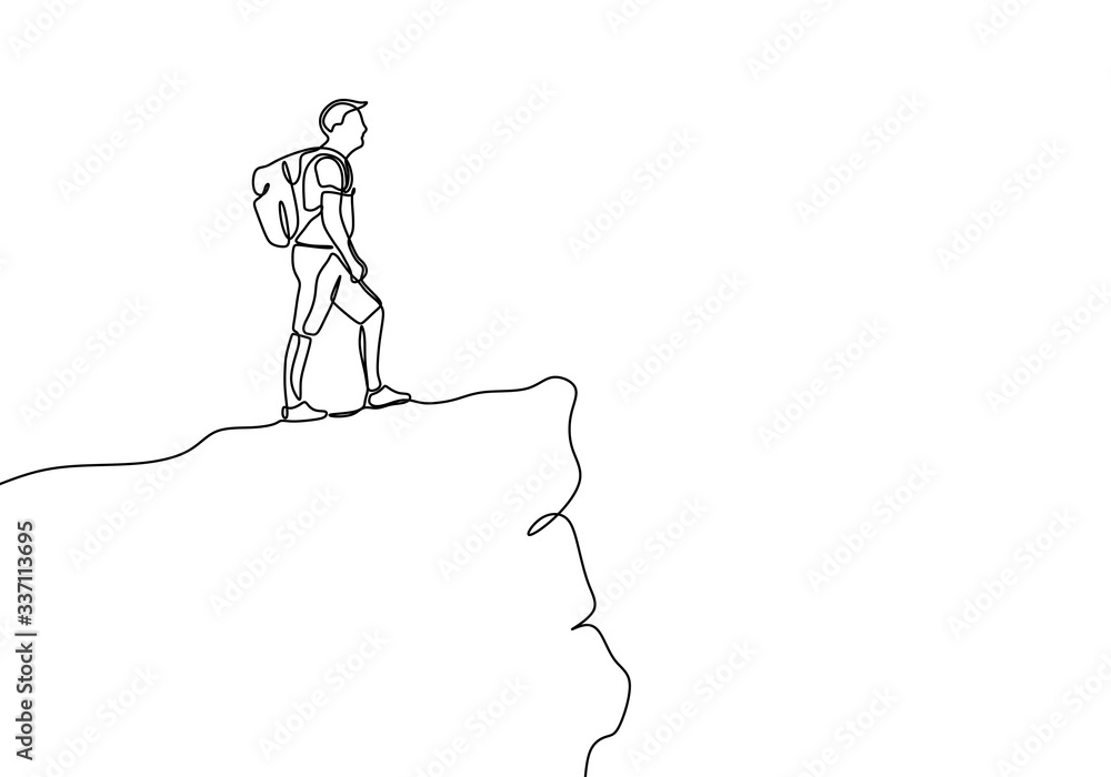 One line drawing of person looking at the top of rock mountain peak.. Victory symbol vector illustration. - obrazy, fototapety, plakaty 
