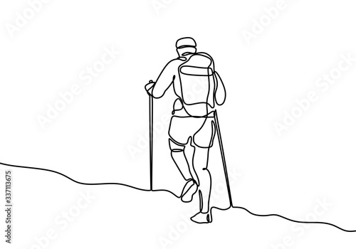 One line drawing of hiker with backpack. Continuous hand drawn person doing hiking, walking on the hill.