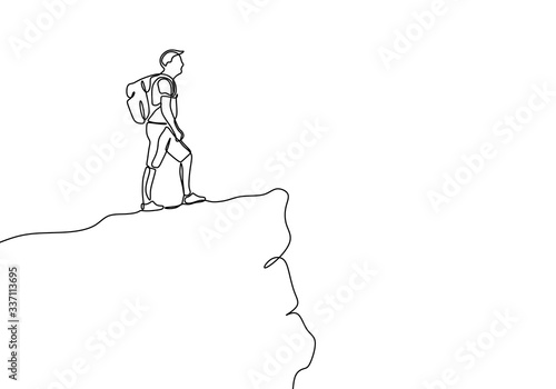 One line drawing of person looking at the top of rock mountain peak.. Victory symbol vector illustration.