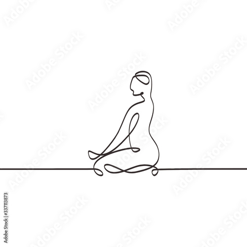 Continuous line drawing meditation logo, abstract lotus position. Minimalism hand drawn sketch vector illustration.