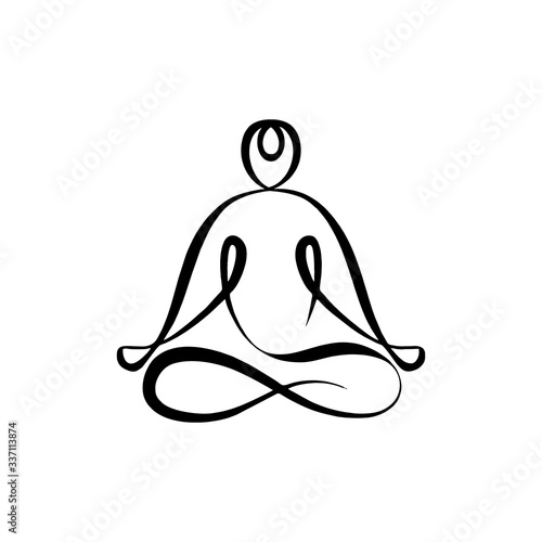 Continuous line drawing meditation logo, abstract lotus position. Minimalism hand drawn sketch vector illustration.