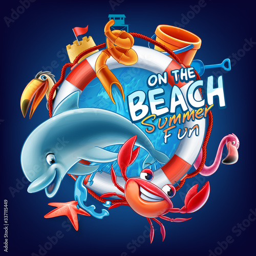 summer cartoon with dolphin crab tucan flamingo