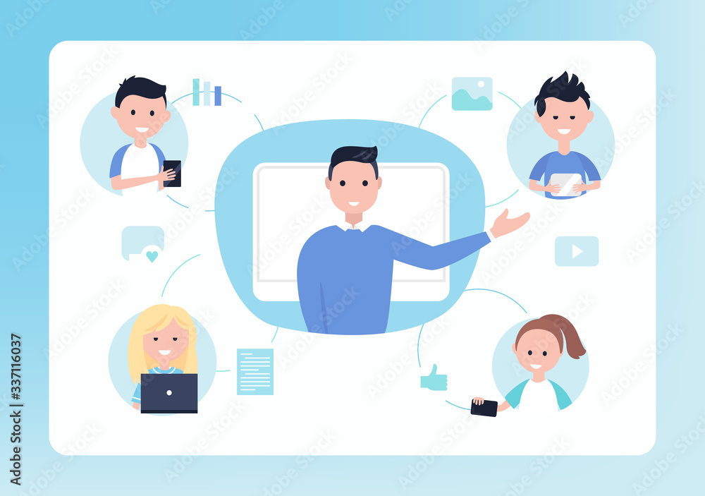 Online Distance School. Teacher and Students. Blended and Flipped Learning Education Concept Vector Illustration Online Distance School. Teacher and Students. Blended and Flipped Learning Education Concept Vector Illustration