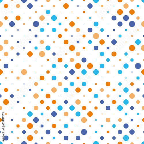 Seamless polka dot pattern. Orange and blue dots in random sizes on white background. Vector illustration