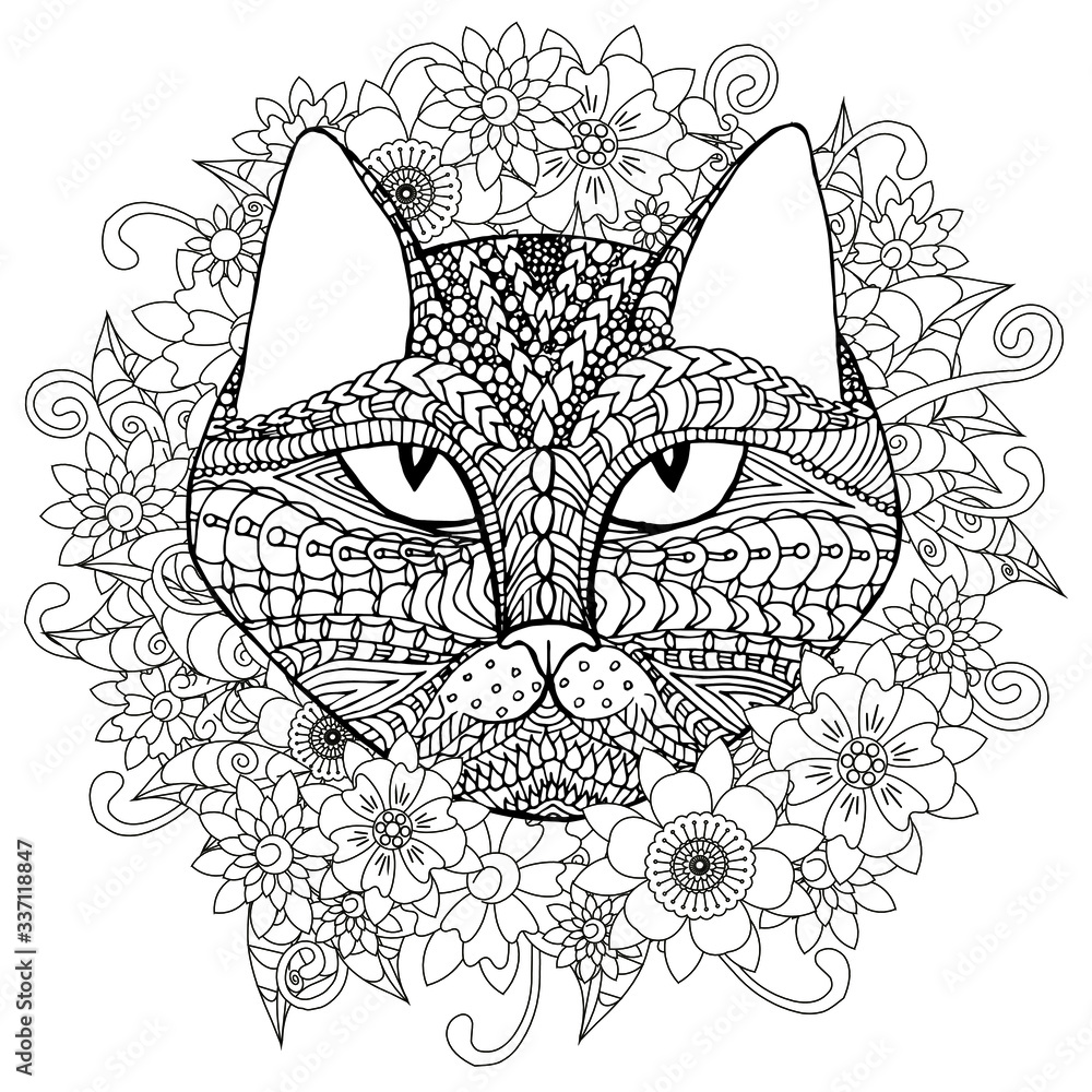 Cat doodle in floral. Hand drawn art graphic ink monochrome art design element stock vector illustration for web, for print, for coloring book