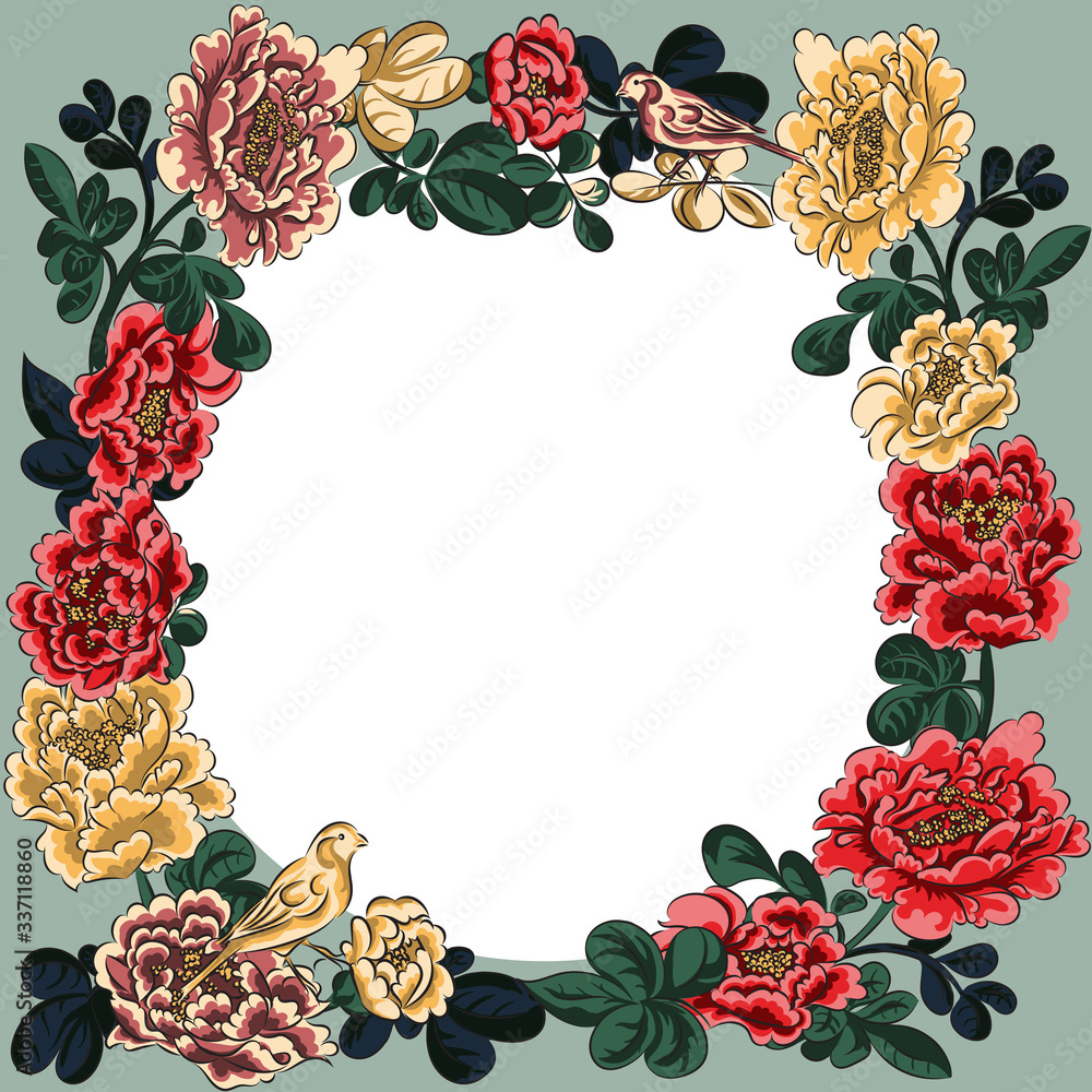 Vector illustration. A Chinese-style composition of peonies forms the frame.