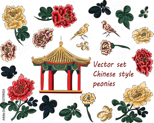 A set of vector elements in Chinese style. Traditional gazebo, red, yellow and pink peonies, Canary birds, peony leaves.