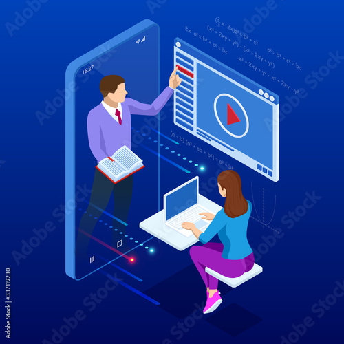 Isometric concept for Digital Reading, E-classroom Textbook, Modern Education, E-learning, Online Training and Course, Audio Tutorial, Distance Education, Ebook and Student.