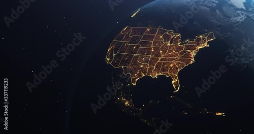 Planet Earth from Space USA, United States highlighted state borders and counties animation, elements of this image courtesy of NASA