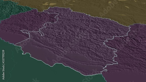 Mid-Western, development region with its capital, zoomed and extruded on the administrative map of Nepal in the conformal Stereographic projection. Animation 3D photo