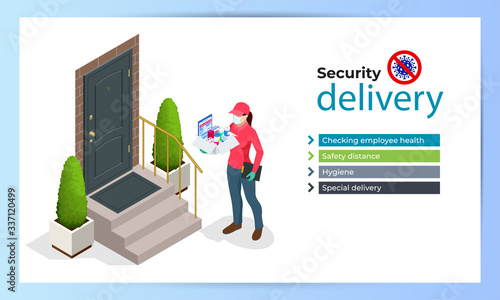 Isometric delivery woman or courier in a protective medical mask holds a parcel in her hands. Free drug delivery. COVID-19. Quarantine in the city. Coronavirus epidemic.