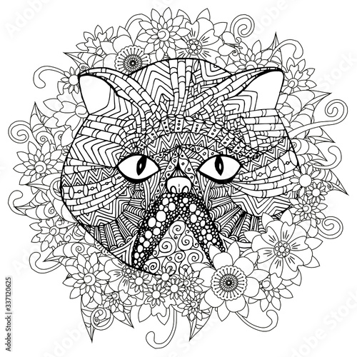 Persian cat doodle in floral. Hand drawn art graphic ink monochrome art design element stock vector illustration for web, for print, for coloring book