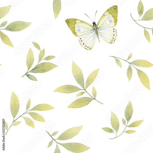 Graceful butterfly on a background of green leaves. Painted in watercolor on an isolated white background. seamless pattern. Illustration for design